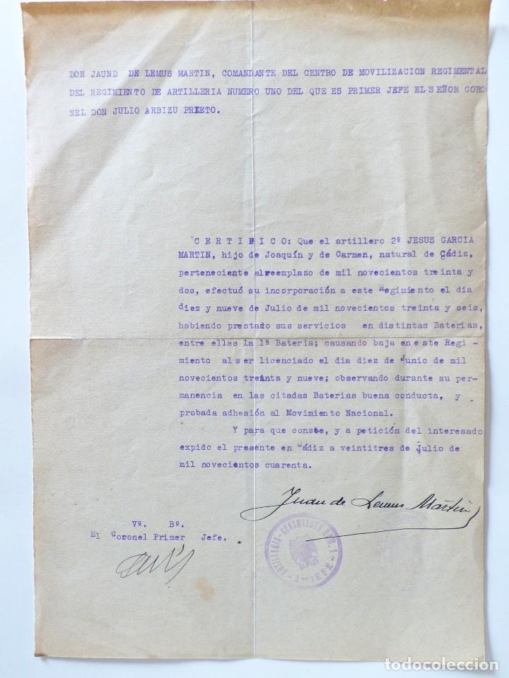 Militaria: CERTIFICADO DE LICENCIADO. SIRVI&Oacute; DURANTE TODA LA GUERRA CIVIL EN BATERIAS DE ARTILLER&Iacute;A. CADIZ.