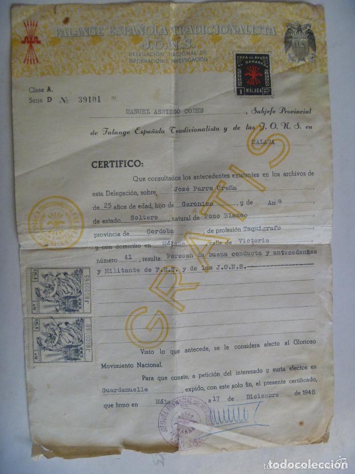 Military Antiques: FALANGE : CERTIFICADO BUENA CONDUCTA DE MILITANTE DE POZOBLANCO. MALAGA 1948. VI&Ntilde;ETA AYUDA CAMARADA