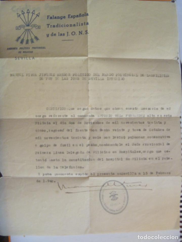 Militaria: GUERRA CIVIL - FALANGE : CERTIFICADO CAMARADA PRIMERA LINEA HERIDO. SEVILLA, 1940
