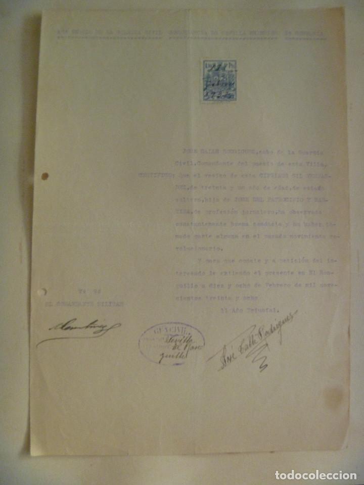 Militaria: GUERRA CIVIL : CERTIFICADO BUENA CONDUCTA PAISANO DE EL RONQUILLO, SEVILLA. 1938, VI&Ntilde;ETA REPUBLICA
