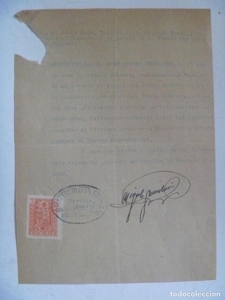 Militaria: GUERRA CIVIL : CERTIFICADO BUENA CONDUCTA PAISANO ADHERIDO AL MOVIMIENTO. SEVILLA. 1940. VI&Ntilde;ETA