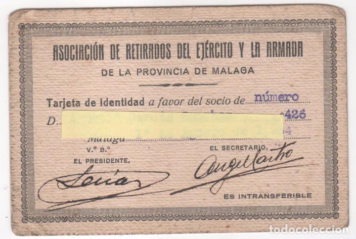 Militaria: Tarjeta Identidad Asociaci&oacute;n Retirados del Ej&eacute;rcito y Armada provincia de M&aacute;laga A&ntilde;o 1934 Rep&uacute;blica