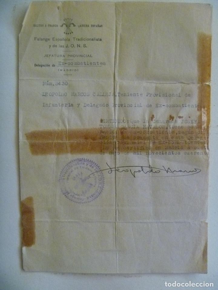 Militaria: GUERRA CIVIL - FALANGE : CERTIFICADO DE EX COMBATIENTE DE UNA MUJER. MADRID 1940