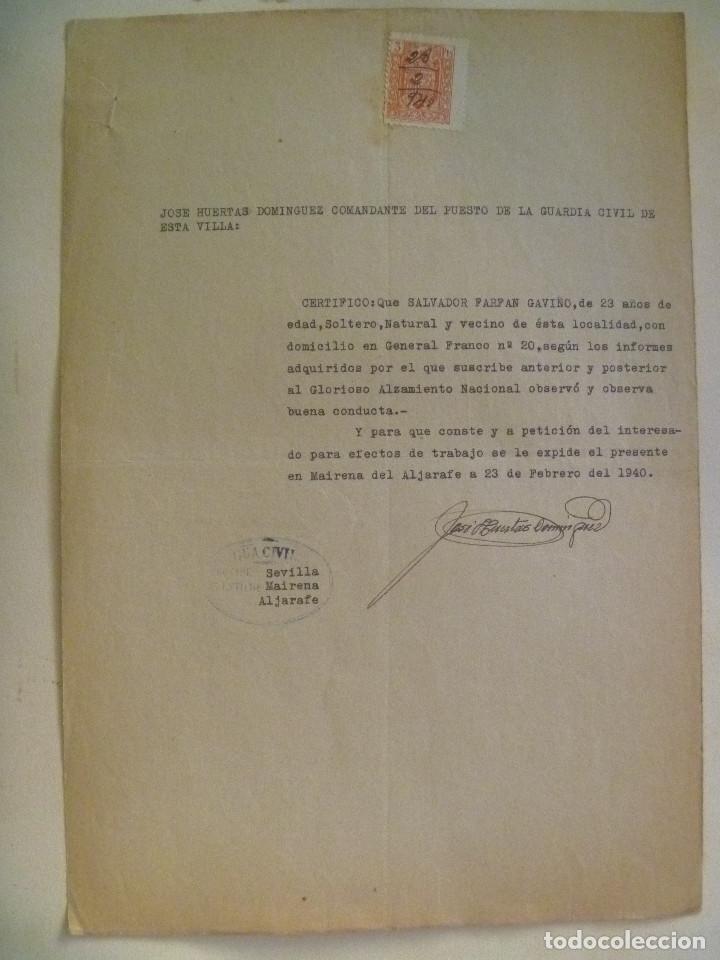 Militaria: GUERRA CIVIL : CERTIFICADO BUENA CONDUCTA PAISANO DE MAIRENA DEL ALJARAFE. 1940. VI&Ntilde;ETA