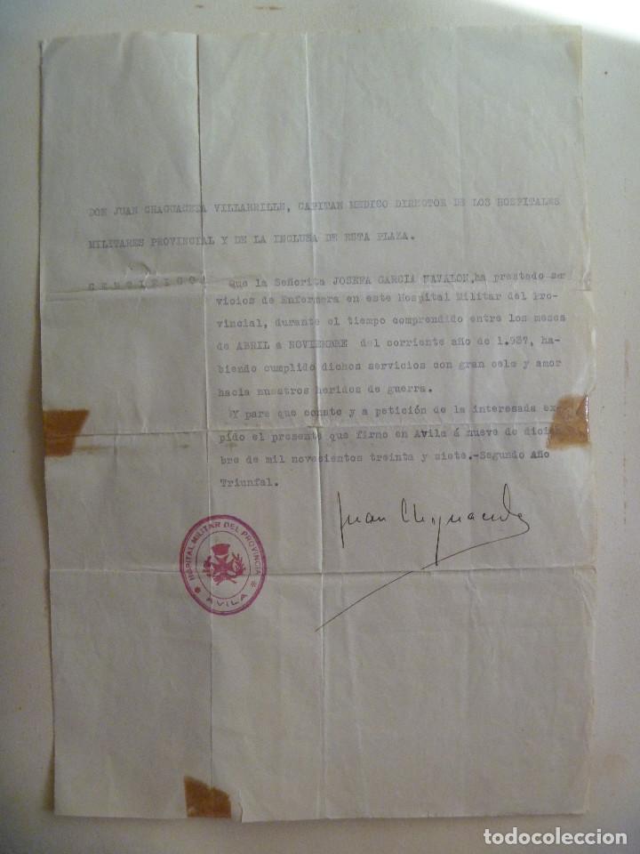 Militaria: GUERRA CIVIL : CERTIFICADO SERVICIO DE ENFERMERA. AVILA, 1937 . CU&Ntilde;O SANIDAD REPUBLICA