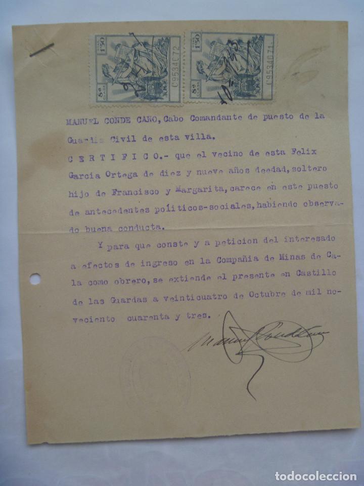 Militaria: GUERRA CIVIL : CERTIFICADO BUENA CONDUCTA PAISANO DE CASTILLO DE LAS GUARDAS, SEVILLA. 1943, VI&Ntilde;ETAS