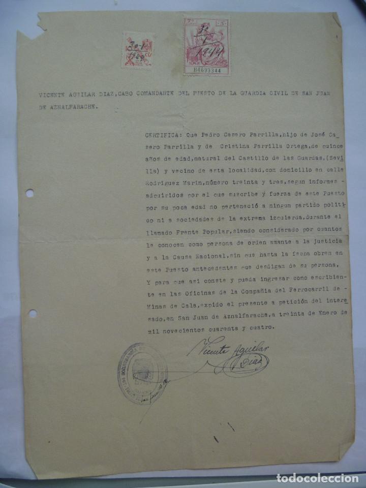 Militaria: GUERRA CIVIL : CERTIFICADO BUENA CONDUCTA PAISANO DE CASTILLO DE LAS GUARDAS, SEVILLA. 1944, VI&Ntilde;ETA