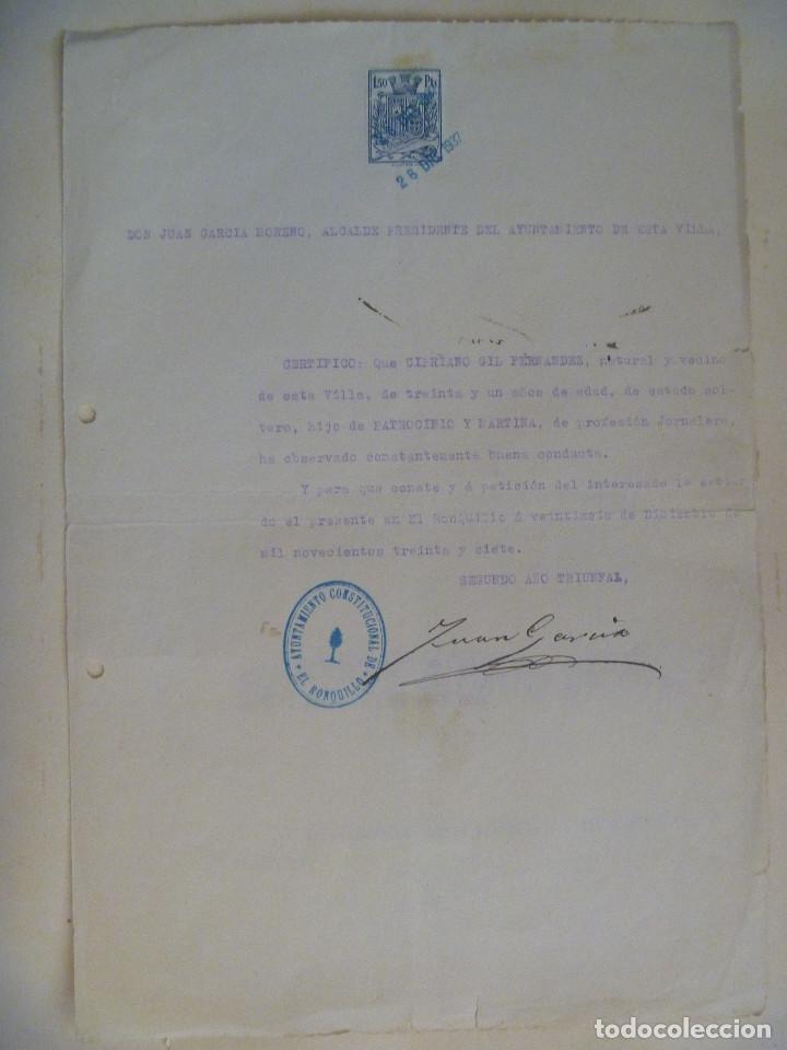 Militaria: GUERRA CIVIL : CERTIFICADO BUENA CONDUCTA PAISANO DE EL RONQUILLO, SEVILLA. 1937, VI&Ntilde;ETA REPUBLICA