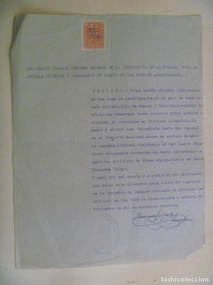 Militaria: GUERRA CIVIL : CERTIFICADO BUENA CONDUCTA PAISANO DE SAN JUAN AZNALFARACHE. 1940. VI&Ntilde;ETA