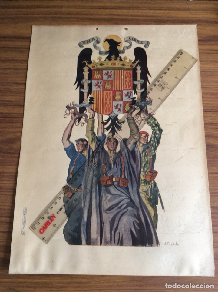 Militaria: ANTIGUO CARTEL DE FALANGE DE CARLOS S&Aacute;EZ DE TEJADA Y FUERO DEL TRABAJO.GUERRA CIVIL.ORIGINAL.1938.