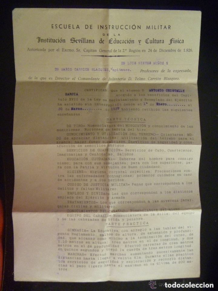 Militaria: GUERRA CIVIL : CERTIFICADO ESCUELA INSTRUCCION MILITAR. SEVILLA, 1937.