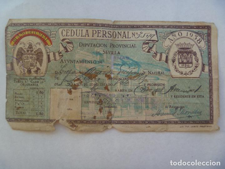 Militaria: GUERRA CIVIL : CEDULA PERSONAL DE PAISANA DE CAMAS  ( SEVILLA ) 1938. VI&Ntilde;ETA DIPUTACION DE SEVILLA