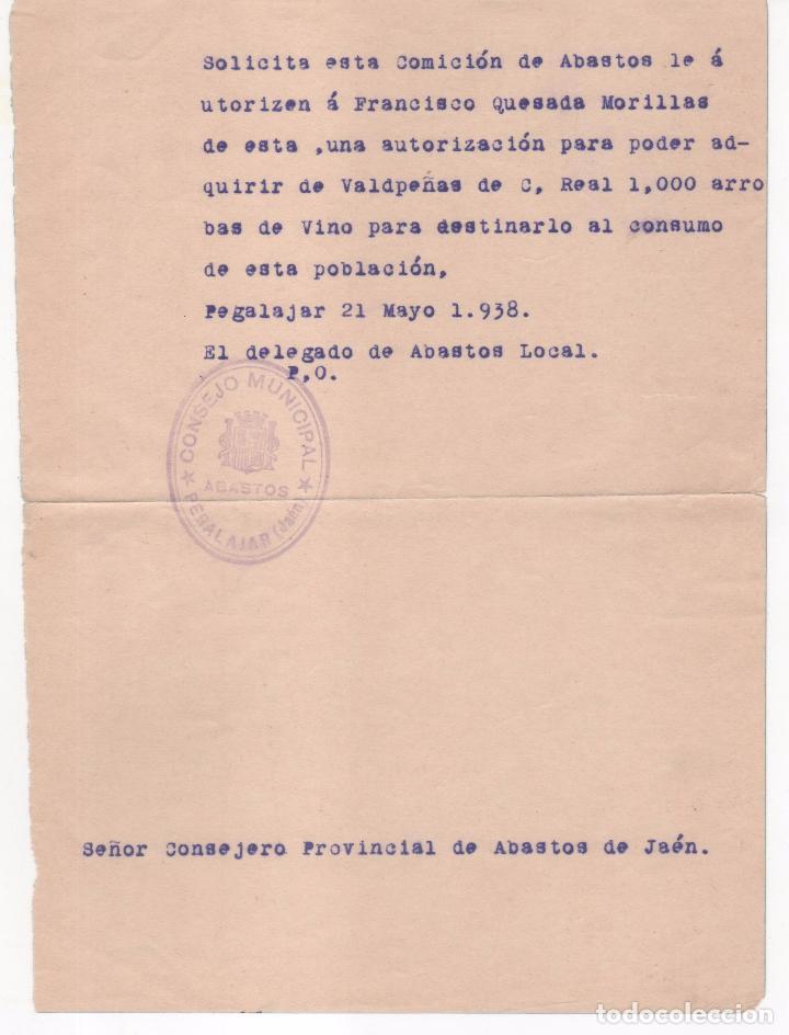 Militaria: Autorizaci&oacute;n para llevar 1000 arrobas de vino Valdepe&ntilde;as ( Ciudad Real ) a Pegalajar ( Ja&eacute;n )A&ntilde;o1938