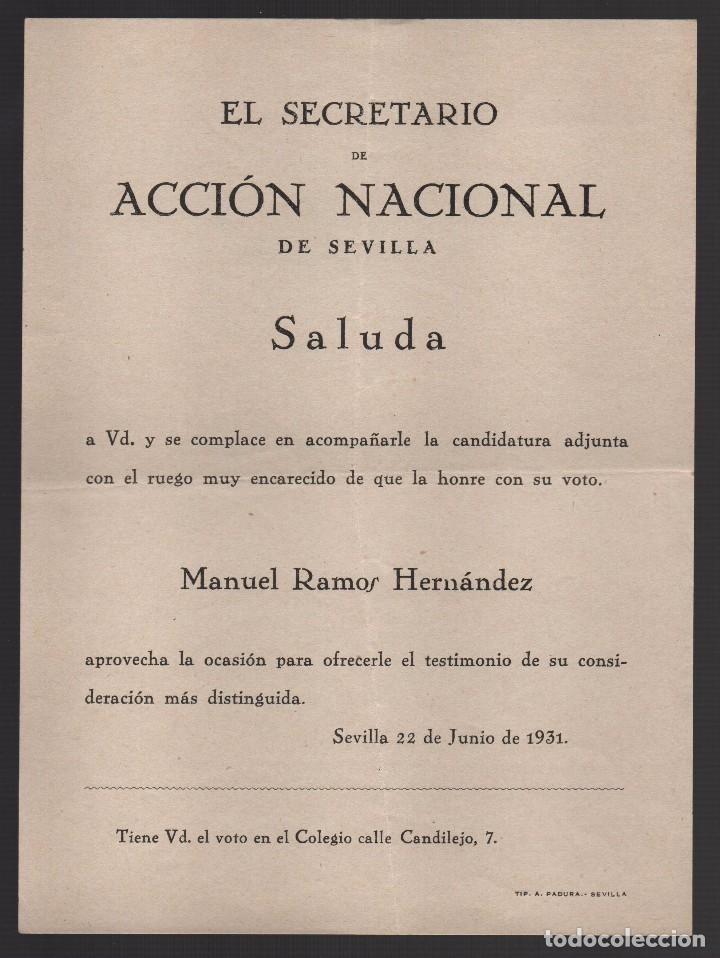 Militaria: SEVILLA, ACCION NACIONAL,  MANUEL RAMOS HERNANDEZ,  MIDE: 21 X 16 C.M. VER FOTO