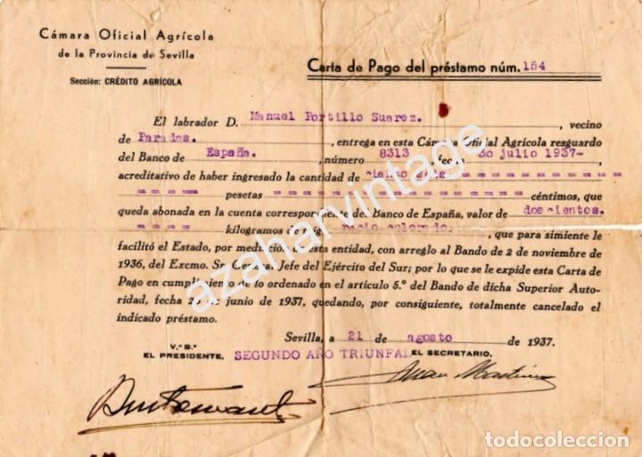 Militaria: SEVILLA,1937, GUERRA CIVIL, RECIBO ENTREGA DINERO PARA SIMIENTE DE TRIGO, SELLO PATRIOTICO