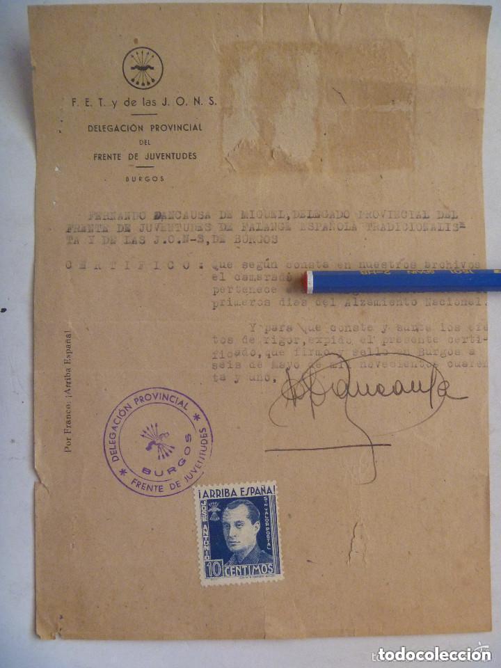 Military Antiques: GUERRA CIVIL- FRENTE JUVENTUDES BURGOS: CERTIFICADO AFILIACION DESDE ALZAMIENTO. VI&Ntilde;ETA JOSE ANTONIO