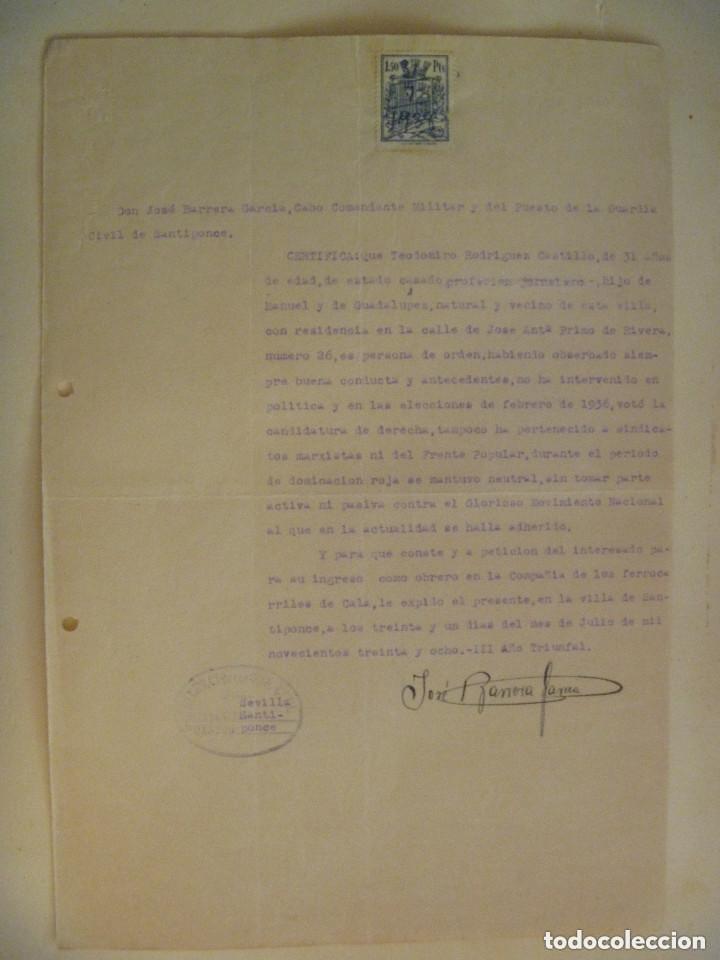 Militaria: GUERRA CIVIL : CERTIFICADO DE CONDUCTA DE PAISANO DE SANTIPONCE ( SEVILLA), 1938.  VI&Ntilde;ETA REPUBLICA