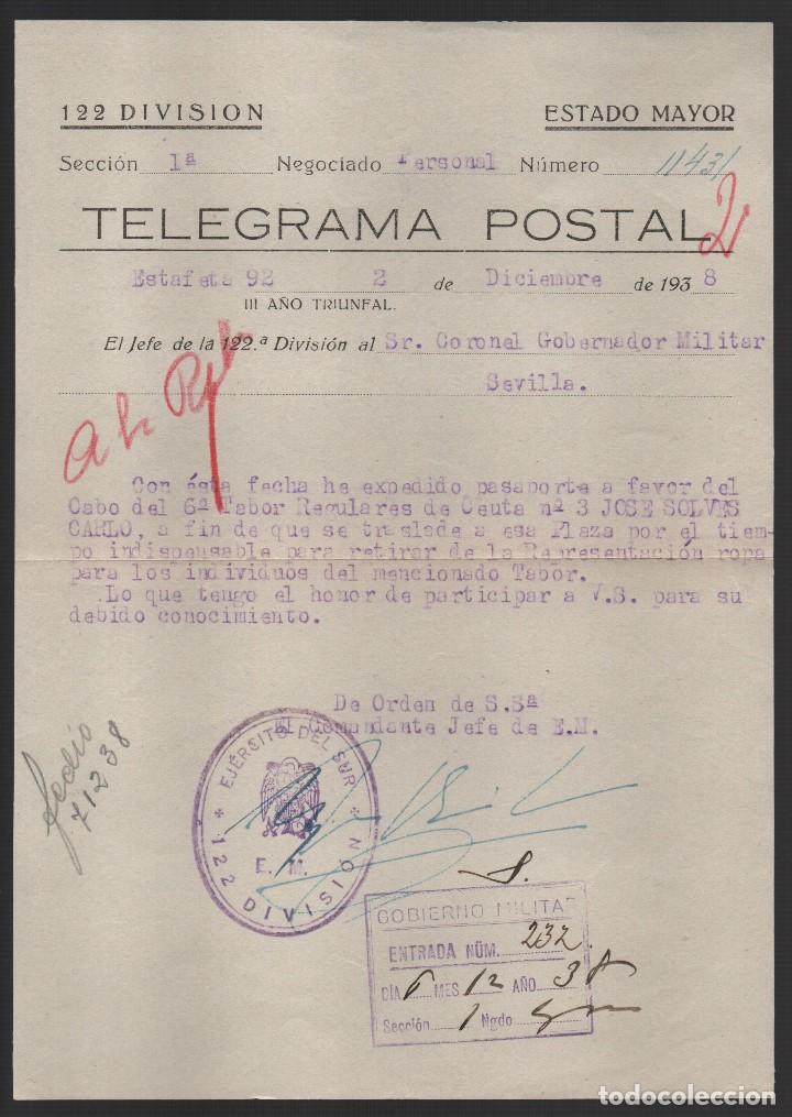 Militaria: TELEGRAMA POSTAL,ESTAFETA 92 - 122 DIVISION - REGULARES CEUTA, 1938, VER FOTOS