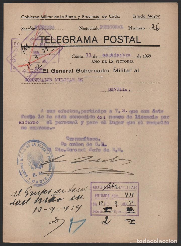 Militaria: TELEGRAMA POSTAL, -CADIZ ESTADO MAYOR- 1939,  VER FOTOS
