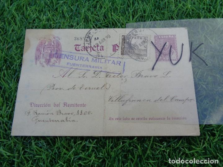 Military Antiques: curioso entero postal de fuenterrabia a villafranca del campo (teruel) - abril 1939 -censura militar