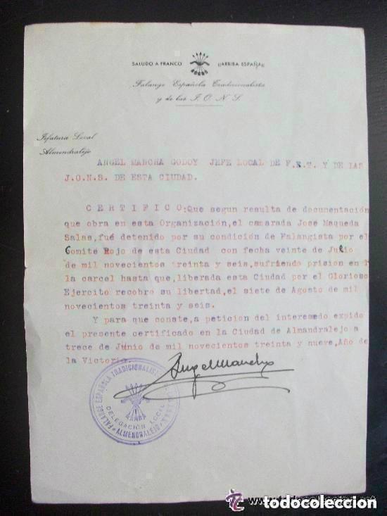 Military Antiques: GUERRA CIVIL - FALANGE : CERTIFICADO DE PRESO DE LOS ROJOS DE FALANGISTA . ALMENDRALEJO ( BADAJOZ ).