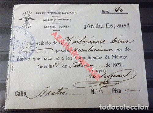 Military Antiques: SEVILLA, 1937, GUERRA CIVIL, DONATIVO PARA LOS DAMNIFICADOS DE MALAGA, FALANGE