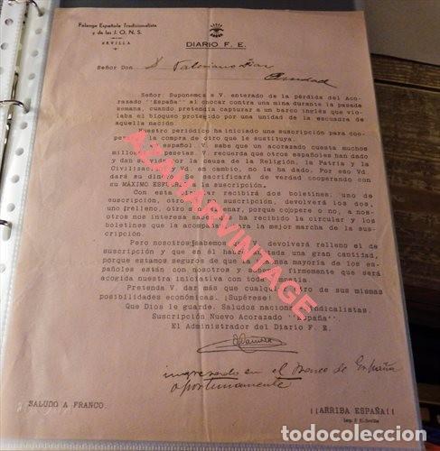 Militaria: SEVILLA, 1937,FALANGE, DIARIO F.E., CARTA COMUNICACION SUSCRIPCION NUEVO ACORAZADO ESPA&Ntilde;A, MUY RARA