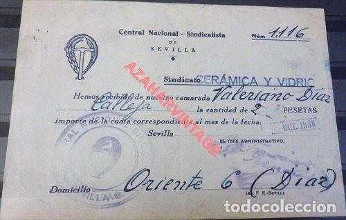 Militaria: SEVILLA,1938,CUOTA CENTRAL NACIONAL SINDICALISTA, SINDICATO CERAMICA Y VIDRIO