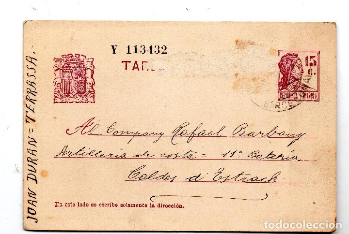 Militaria: Tarjeta postal 1937 destinatario Artillero de Costa 11&ordm; Bateria-Caldes d&acute;Estrach