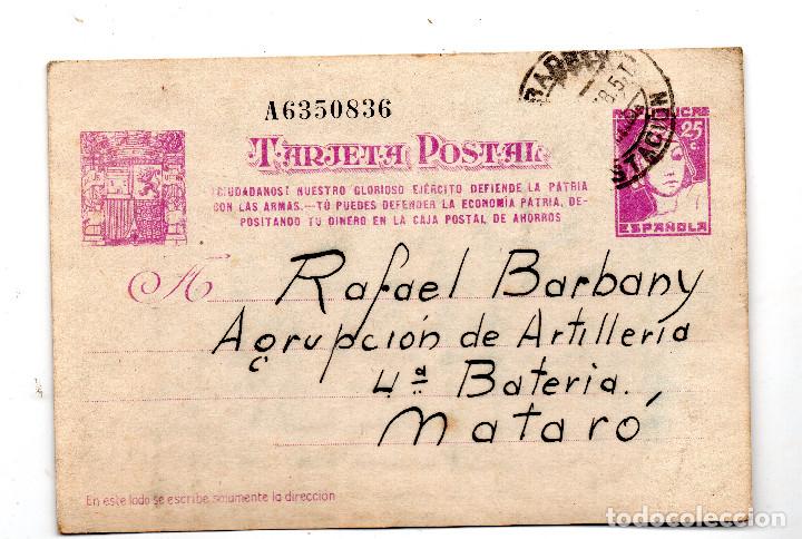 Militaria: Tarjeta postal 1938 destinatario Agrupaci&oacute;n Artillera 4&ordm; Bateria-Mataro,