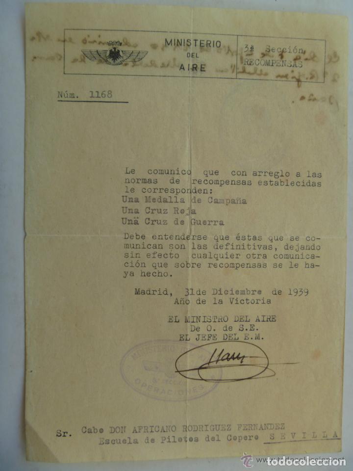 Militaria: EJERCITO DEL AIRE: CERTIFICADO CONDECORACIONES GUERRA CIVIL DE CABO DE AVIACION. MADRID , 1939