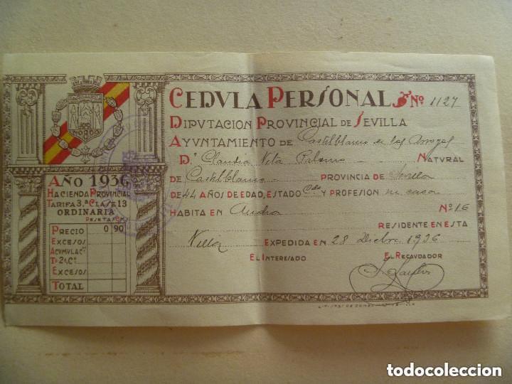 Militaria: GCE: CEDULA PERSONAL PAISANA DE CASTILBLANCO DE LOS ARROYOS  ( SEVILLA ) 1936. REPUBLICA Y BANDERA