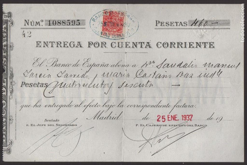 Militaria: MADRID, ABONO EN CUENTA, A&Ntilde;O 1937, VER FOTO