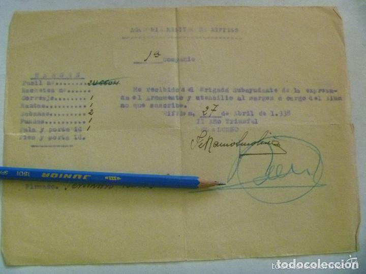 Militaria: GUERRA CIVIL - ACADEMIA DE ALFEREZ. DAR RIFFIEN , 1938 : RECIBO CON EL LISTADO DE MATERIAL ENTREGADO