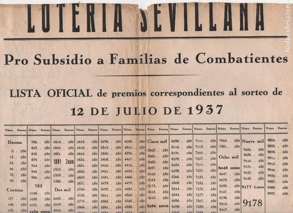 Militaria: SEVILLA,LISTA OFICIAL LOTERIA PATRIOTICA, SORTEO. 12 JULIO 1937, MIDE: 35 X 23 C.M. VER