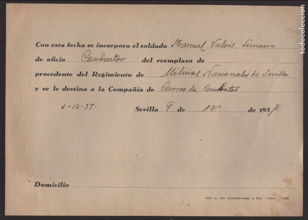 Militaria: SEVILLA, INCORPORACION A LAS MILICIAS NACIONALES COMO CONDUCTOR, A&Ntilde;O 1937