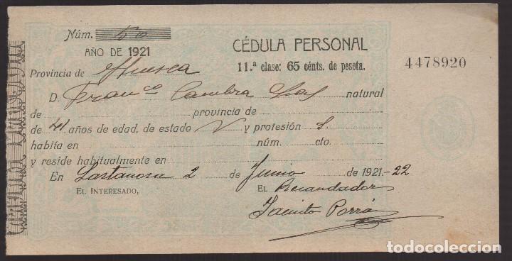 Militaria: HUESCA-, CEDULA PERSONAL,- A&Ntilde;O 1921, VER FOTOS