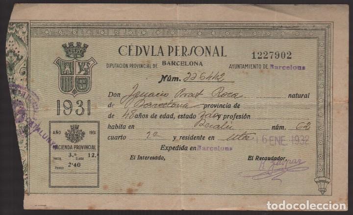 Military Antiques: BARCELONA-, CEDULA PERSONAL,- A&Ntilde;O 1931, VER FOTOS