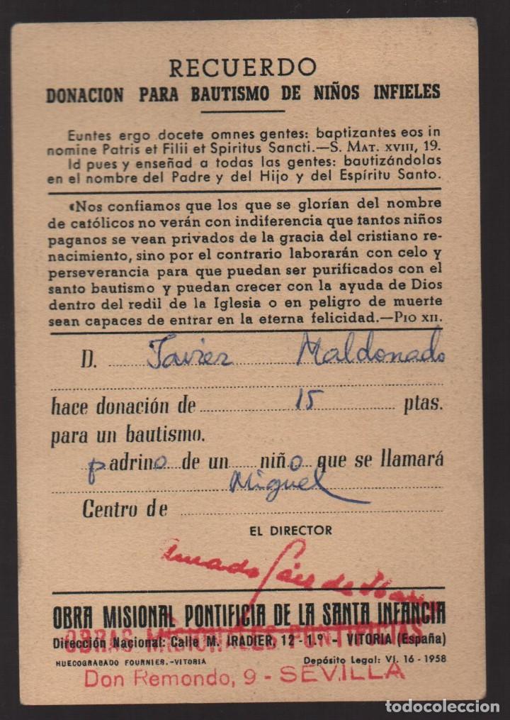 Militaria: SEVILLA, DONACION PARA BAUTISMO DE NI&Ntilde;OS INFIELES, VER FOTOS