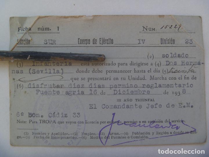 Militaria: GUERRA CIVIL - EJERCITO DEL SUR : PERMISO SOLDADO DE DOS HERMANAS. FUENTE AGRIA , 1938