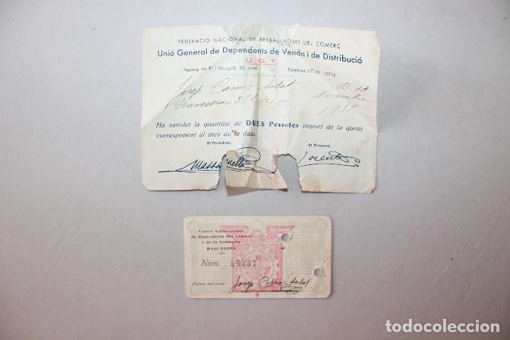 Militaria: U.G.T., CARNET Y FACTURA UGT, 1937, DEPENDENTS DEL COMER&Ccedil; I DE LA IND&Uacute;STRIA, BARCELONA