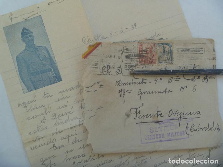 Militaria: GUERRA CIVIL: CARTA DE SEVILLA A CAPITAN EN FUENTE OVEJUNA, CORDOBA. SELLO ISABEL, CENSURA, VI&Ntilde;ETA