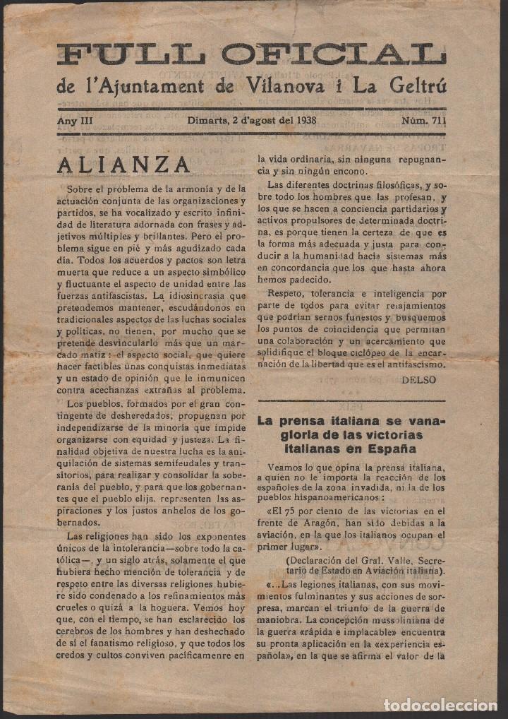 Military Antiques: FULL OFICIAL. AJUNTAMENT DE VILANOVA I LA GEITRU. AGOSTO 1938, VER FOTOS