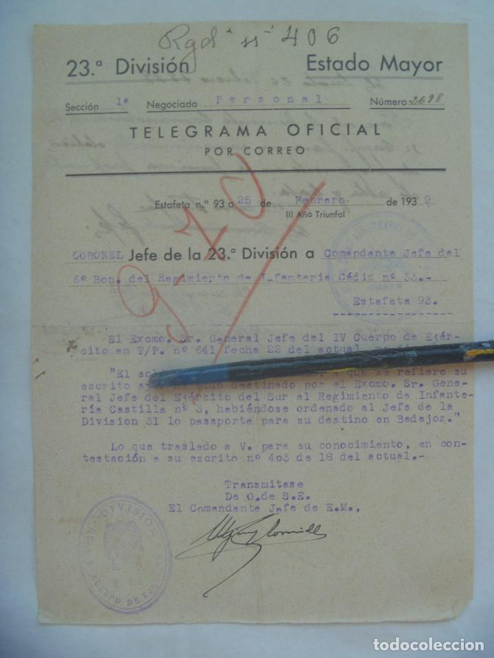 Militaria: GUERRA CIVIL - 23&ordm; DIVISION: TELEGRAMA TRASLADO DE SOLDADO AL CASTILLA N&ordm; 3 EN BADAJOZ. 1939
