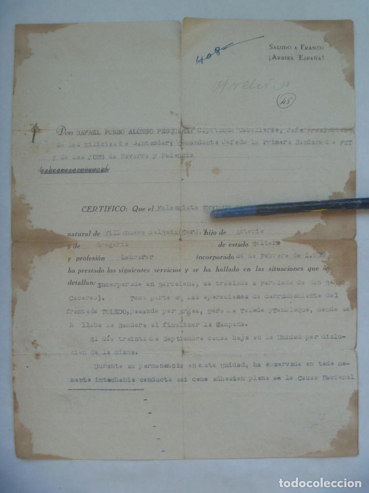 Militaria: GUERRA CIVIL - MILICIAS SANTANDER, 1&ordf; BANDERA FALANGE: CERTIFICADO SERVICIO , FRENTE TOLEDO, ETC.&acute;39