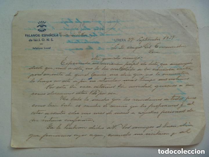 Militaria: GUERRA CIVIL - FALANGE : CARTA DE LA JEFATURA LOCAL DE UTRERA ( SEVILLA ) A CAMARADA DE LORA, 1937