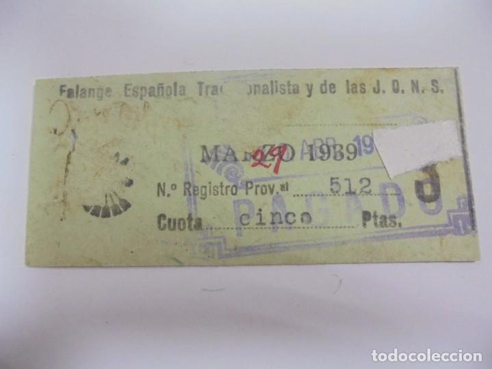 Militaria: GUERRA CIVIL. MARZO 1939. FALANGE ESPA&Ntilde;OLA DE LA JONS. RECIBO DE CUOTA. PUERTO SANTA MARIA. VER