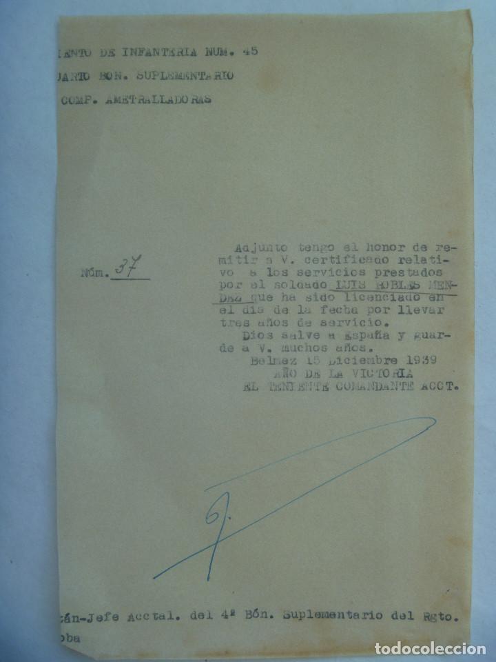 Militaria: GUERRA CIVIL - RGTO. INFANTERIA 45 , COMP. AMETRALLADORAS: NOTA DE SOLDADO. BELMEZ, CORDOBA. 1939