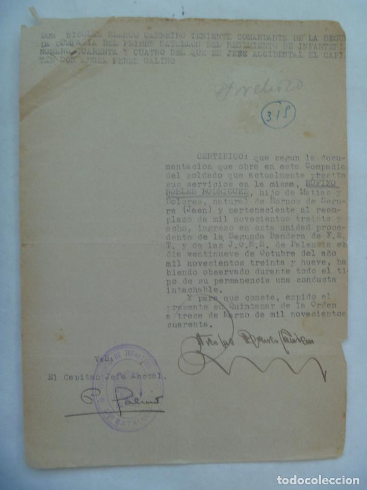 Militaria: GUERRA CIVIL: CERTIFICADO COMBATIENTE BANDERA FALANGE DE PALENCIA, ETC. QUINTANAR DE LA ORDEN, 1940