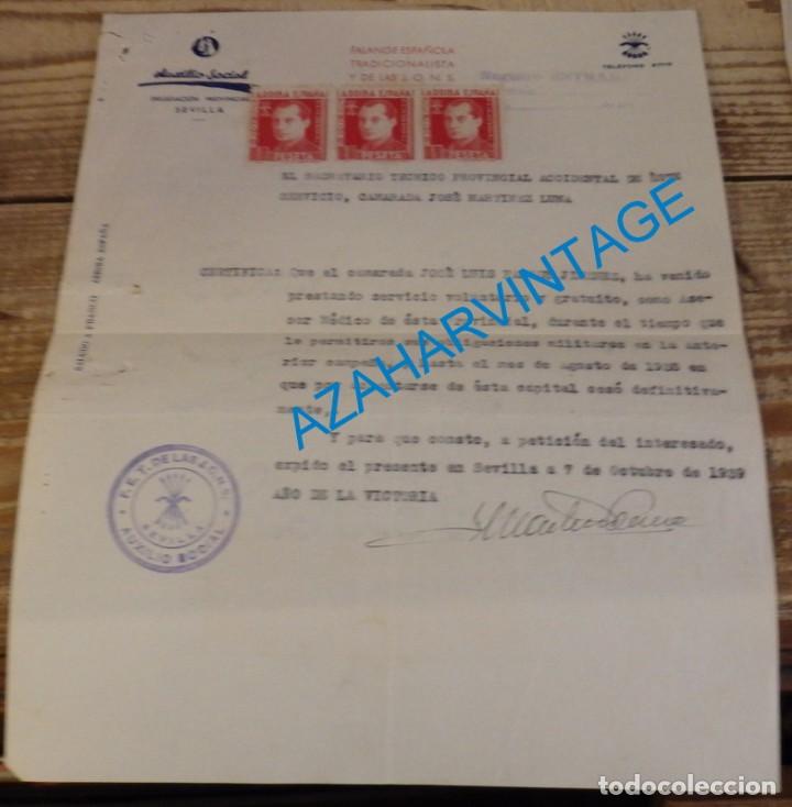 Militaria: SEVILLA, 1939, FALANGE, CERTIFICADO AUXILIO SOCIAL CON VI&Ntilde;ETAS DE JOSE ANTONIO